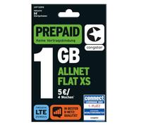 congstar Scheda SIM prepagata ALLNET XS senza contratto, 1 GB in rete D di qualità per poco surfer I 5G con 25 Mbit/s, credito iniziale da 10 €, telefono e SMS flat in tutte le reti tedesche, roaming