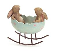 Conigli che ridono che dondolano in una culla per uova di Pasqua, decorazione pasquale primaverile, decorazione vintage rustica di campagna, coniglietti di campagna, statuetta di coniglio (coniglietti