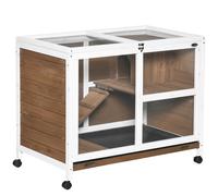 Conigliera a 2 Livelli con Casetta Rampa e Vassoio Estraibile 91,5x53,3x73 cm in Legno di Abete Marrone