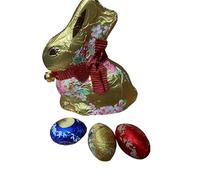 Coniglietto di pasqua al Cioccolato al Latte, 100 g con 3 Ovetti Assortiti, Confezionato in Cellophane con Fiocchi