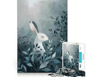 Coniglio bianco tra le foglie blu Puzzle da 1000 pezzi per adolescenti Stimola la mente Divertimento Taglio di precisione Attività rilassante Pausa mentale (38x26cm)