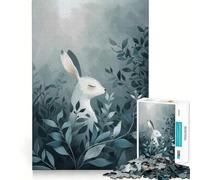 Coniglio bianco tra le foglie blu Puzzle per adulti da 1000 pezzi Gioco di logica e divertimento Tecnologia di taglio laser avanzata Sfida divertente per ingannare il tempo (50x75cm)