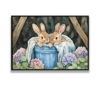 Coniglio e blu secchio tela di canapa arte della parete ortensia fiori simpatico animale pittura immagine stampa vintage stile pastorale opere d'arte stampe per Cafe 80x120cm con cornice nera