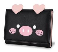 conisy Portatile Sottile Serie Piccolo Portafoglio in Morbida Cuoio per Donna e Ragazza, Carina Cartoni Animati Portafogli con Protezione RFID (maialino Nero)