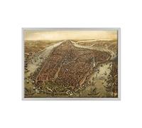 ConKrea Quadro su Tela Canvas INTELAIATO - con Cornice - NY Manhattan - New York - Old Vintage Engraving Incisione Antica - 50x70cm - Stile Moderno Bianco - (cod.452)