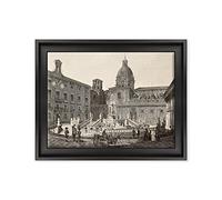 ConKrea QUADRO SU TELA CANVAS INTELAIATO - CON CORNICE - Piazza Pretoria - Palermo Sicilia - Antica Incisione 1850-30x40cm - Stile Contemporaneo Nero - (cod.2832)