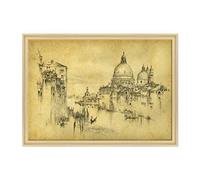 ConKrea Quadro su Tela Canvas INTELAIATO - con Cornice - Venezia Disegno Antico - Canal Grande Illustrazione - 70x100cm - Stile Contemporaneo Legno Naturale - (cod.1098)