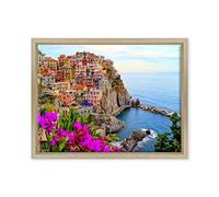 ConKrea Quadro su Tela Canvas INTELAIATO - con Cornice - Villaggio Manarola - Cinque Terre Liguria - 30x40cm - Stile Moderno Legno Naturale - (cod.3334)