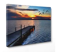 ConKrea Quadro su Tela Canvas - INTELAIATO - Pronto da Appendere - Tramonto sul Mare - Pontile Attracco Barche - 30x40cm - Senza Cornice - (cod.1425)