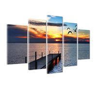 ConKrea QUADRO SU TELA CANVAS - INTELAIATO - PRONTO DA APPENDERE - Tramonto sul mare - Pontile Attracco Barche - 170x86cm (cod.1425)