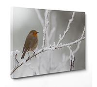 ConKrea Quadro su Tela Canvas - INTELAIATO - Pronto da Appendere - Uccello Pettirosso - Paesaggio Innevato - Neve - 30x40cm - Senza Cornice - (cod.1097)