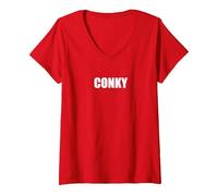 Conky - Tipografia Parola Divertente Maglietta con Collo a V, Donna, Rosso, XXL
