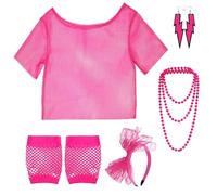 CONNECTION Costume Anni 80 Donna Accessori Costume Neon Abbigliamento Da Discoteca Con Maglia a Rete Cerchietto Collane Orecchini Guanti vestiti anni 90 per Halloween Carnevale Festa (Rosa)