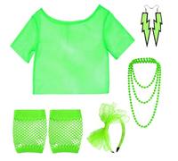 CONNECTION Costume Anni 80 Donna Accessori Costume Neon Abbigliamento Da Discoteca Con Maglia a Rete Cerchietto Collane Orecchini Guanti vestiti anni 90 per Halloween Carnevale Festa (Verde)
