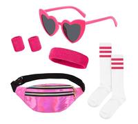 CONNECTION Costume Anni 80 Donna Vestiti Anni 80 Accessori Anni 80 90 Vestito Anni 80 Donna con Fascia Per Capelli Al Neon Bracciali Calzino Marsupio Occhiali per Retrò Festa Carnevale (Rosa Rossa)