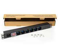 Connetto multipresa da rack CO10062 con interruttore luminoso e 6 prese universali/Schuko e italiane tripolari UNEL 2P+T 16A con connettore maschio C20, misure 48,5x4,5x4,5. Alette reversibili.