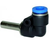 Connettore a L, nipplo 4 mm » serie blu «, per tubo esterno Ø 4 mm, pressione di lavoro max. 15 bar, plastica/ottone vert.