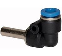 Connettore a L, nipplo 8 mm » serie blu «, per tubo esterno Ø 8 mm, pressione di lavoro max. 15 bar, plastica/ottone vert.