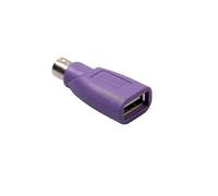 Connettore di conversione per interfaccia mouse e tastiera, da USB femmina a PS2 maschio viola, e da PS2 maschio rotondo.