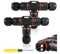 Connettore per cavi a 3 poli, impermeabile, IP68, a forma di T, impermeabile, a 3 poli, per diametro del cavo di 3 - 12 mm, scatola di derivazione impermeabile a 2 vie, per giardino, esterni (2 pezzi)