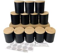 CONNOO Confezione da 12 barattoli per candele in vetro nero opaco da 283,5 g, con coperchio ermetico in bambù, etichette adesive per realizzare candele vuote, lavabili in lavastoviglie