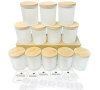 CONNOO Confezione da 12 barattoli per candele in vetro smerigliato con coperchio in bambù per realizzare candele vuote, con coperchi in legno, contenitori per candele puliti, lavabili in lavastoviglie