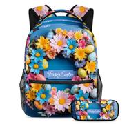 Conquer The Classroom con il nostro set di 2 zaini per bambini, zaino di grande capacità e astuccio per ragazzi, ragazze e adolescenti, ghirlanda di Pasqua blu, Multicolore, B:29.4x20x40cm\