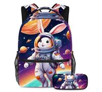 Conquer The Classroom con il nostro set di 2 zaini per bambini, zaino e astuccio di grande capacità per ragazzi ragazze adolescenti, coniglio carino nello spazio, Multicolore#01, B:29.4x20x40cm\
