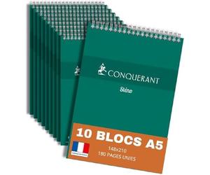 Conquerant Steno - Blocco note formato A5, 180 pagine, rilegatura integrale, copertina in cartoncino verde, confezione da 10