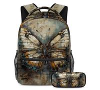 Conquista la classe con il nostro set di 2 zaini per bambini, zaino e astuccio di grande capacità per ragazzi ragazze adolescenti, motivo vintage farfalla, Multicolore#03, B：29.4x20x40cm\