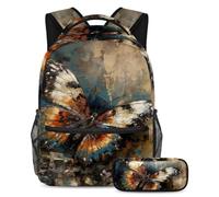 Conquista la classe con il nostro set di 2 zaini per bambini, zaino e astuccio di grande capacità per ragazzi ragazze adolescenti, motivo vintage farfalla, Multicolore#02, B:29.4x20x40cm\