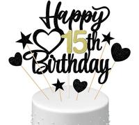 Conruich Decorazione per Torta di Compleanno 15 anni Ragazzo Ragazza, Cake Topper Happy 15th Birthday Oro Nero, Torta Stella Cuore Nero per Decorazione Festa 15 anni Compleanno Ragazza Ragazzo