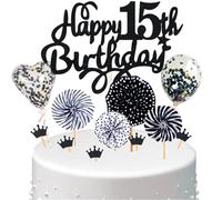Conruich Decorazione per Torta di Compleanno 15 anni Ragazzo Ragazza, Nero Cake Topper 15° Compleanno Ragazzo, Torta Palloncini Coriandoli Oro per Decorazione Festa 15 anni Compleanno Bambino