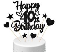 Conruich Decorazione per Torta di Compleanno 40 anni Uomo Donna, Cake Topper Happy 40th Birthday Nero, Torta Torta Stella Cuore Nero per Decorazione Festa 40 anni Compleanno Donna Uomo