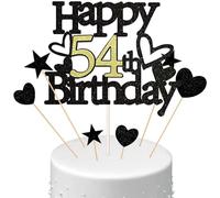 Conruich Decorazione per Torta di Compleanno 54 anni Uomo Donna, Cake Topper Happy 54th Birthday Oro Nero, Torta Torta Stella Cuore Nero per Decorazione Festa 54 anni Compleanno Donna Uomo