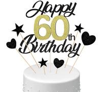 Conruich Decorazione per Torta di Compleanno 60 anni Uomo Donna, Cake Topper Happy 60th Birthday Oro Nero, Torta Torta Stella Cuore Nero per Decorazione Festa 60 anni Compleanno Donna Uomo