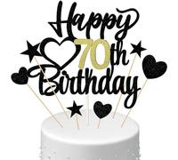 Conruich Decorazione per Torta di Compleanno 70 anni Uomo Donna, Cake Topper Happy 70th Birthday Oro Nero, Torta Torta Stella Cuore Nero per Decorazione Festa 70 anni Compleanno Donna Uomo