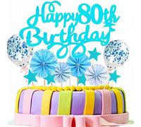 Conruich Decorazione per Torta di Compleanno 80 anni Uomo Donna, Cake Topper Happy 80th Birthday Blu, Glitter Torta Palloncini Coriandoli Blu per Decorazione Festa 80 anni Compleanno Adulti