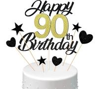 Conruich Decorazione per Torta di Compleanno 90 anni Uomo Donna, Cake Topper Happy 90th Birthday Oro Nero, Torta Torta Stella Cuore Nero per Decorazione Festa 90 anni Compleanno Donna Uomo