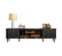 Console TV in legno massello con ripiani regolabili ad arco e maniglie in pelle in ottone, elegante supporto per TV per soggiorno e intrattenimento domestico