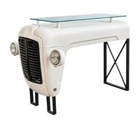 Consolle Bunka bianca con design da trattore in metallo e vetro 120 cm | Bunka abbina il design da trattore a un piano in vetro rialzato. Serve come bancone bar, tavolo consolle o banco reception.