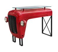 Consolle Bunka rossa con design da trattore, in metallo e vetro 120 cm | Bunka abbina il design da trattore a un piano in vetro rialzato. Serve come bancone bar, tavolo consolle o banco reception.
