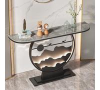 Consolle da ingresso contemporaneo, tavolo da divano da 99 cm con piano in ardesia e base rotonda in metallo, tavolo moderno per salotto e camera da letto, mobili grigi e neri