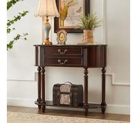 Consolle da ingresso semicircolare in legno massello di frassino - Stile vintage con 2 cassetti e ripiano inferiore, gambe in stile romano, ideale per corridoio o soggiorno.(Dark walnut,100cm/39.3in)