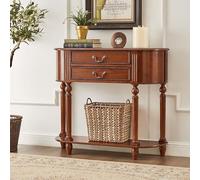 Consolle da ingresso semicircolare in legno massello di frassino - Stile vintage con 2 cassetti e ripiano inferiore, gambe in stile romano, ideale per corridoio o soggiorno.(Walnut,90cm/35.4in)