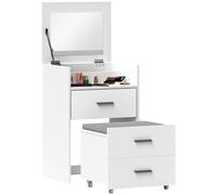 Consolle Trucco 50x40x113,5 cm con Specchio Ribaltabile 2 Cassetti e Sgabello a Scomparsa in Legno Bianco