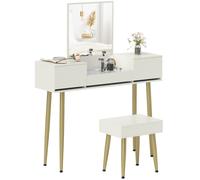 Consolle Trucco con Cassetti Specchio e Sgabello con Vano Contenitore in Truciolato Bianco