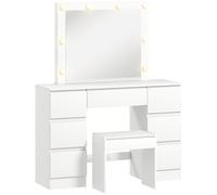 Consolle Trucco con Specchio Stile Hollywood 8 Luci LED con 7 Cassetti e Sgabello Imbottito in Legno Bianco