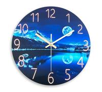 Constantplanet Round Wall Clock for Bedroom Modern Glass Wall Clocks Battery Operated 12 Inch Blue Moon Clock for Wall