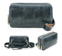 CONTACTS Borsa a mano pochette in vera pelle con cinturino da polso a 3 cerniere, borsa a tracolla piccola unisex, portafoglio pochette, borsa a tracolla per donne/uomini, Blu scuro, Small